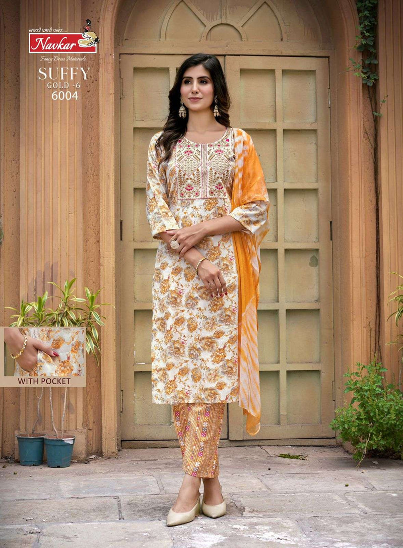 Navkar Suffy Gold Vol 6 Rayon Foil Print With Embroidery Work Fancy Kurti Combo Set