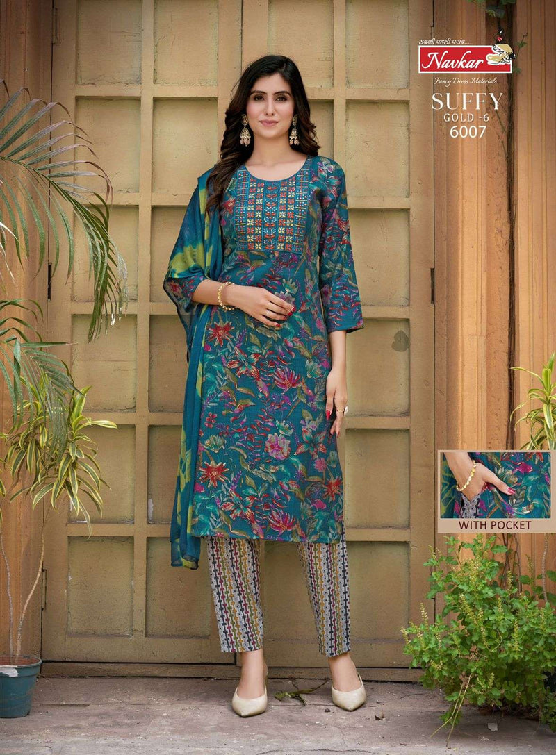 Navkar Suffy Gold Vol 6 Rayon Foil Print With Embroidery Work Fancy Kurti Combo Set