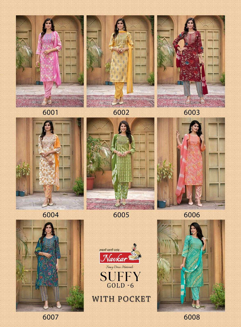 Navkar Suffy Gold Vol 6 Rayon Foil Print With Embroidery Work Fancy Kurti Combo Set