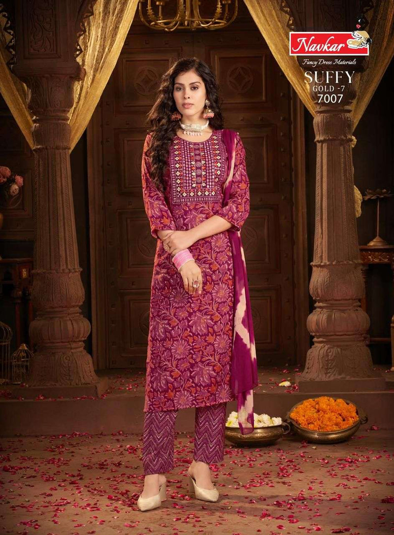 Navkar Suffy Gold Vol 7 Rayon Foil Print Embroidery Work Casual Wear Kurti Pant Dupatta Set