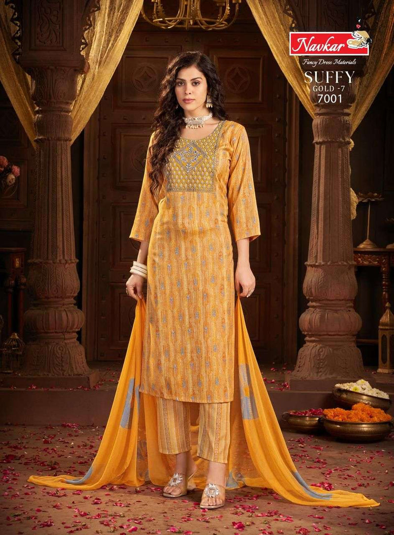 Navkar Suffy Gold Vol 7 Rayon Foil Print Embroidery Work Casual Wear Kurti Pant Dupatta Set