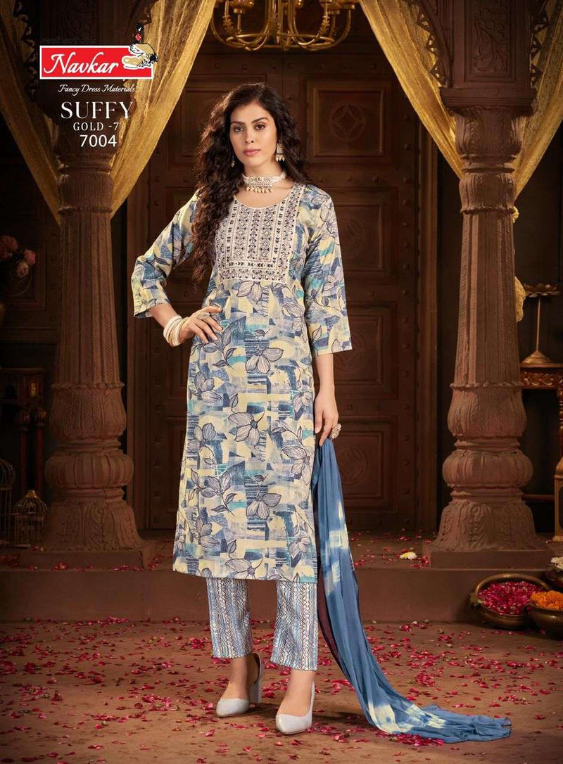 Navkar Suffy Gold Vol 7 Rayon Foil Print Embroidery Work Casual Wear Kurti Pant Dupatta Set