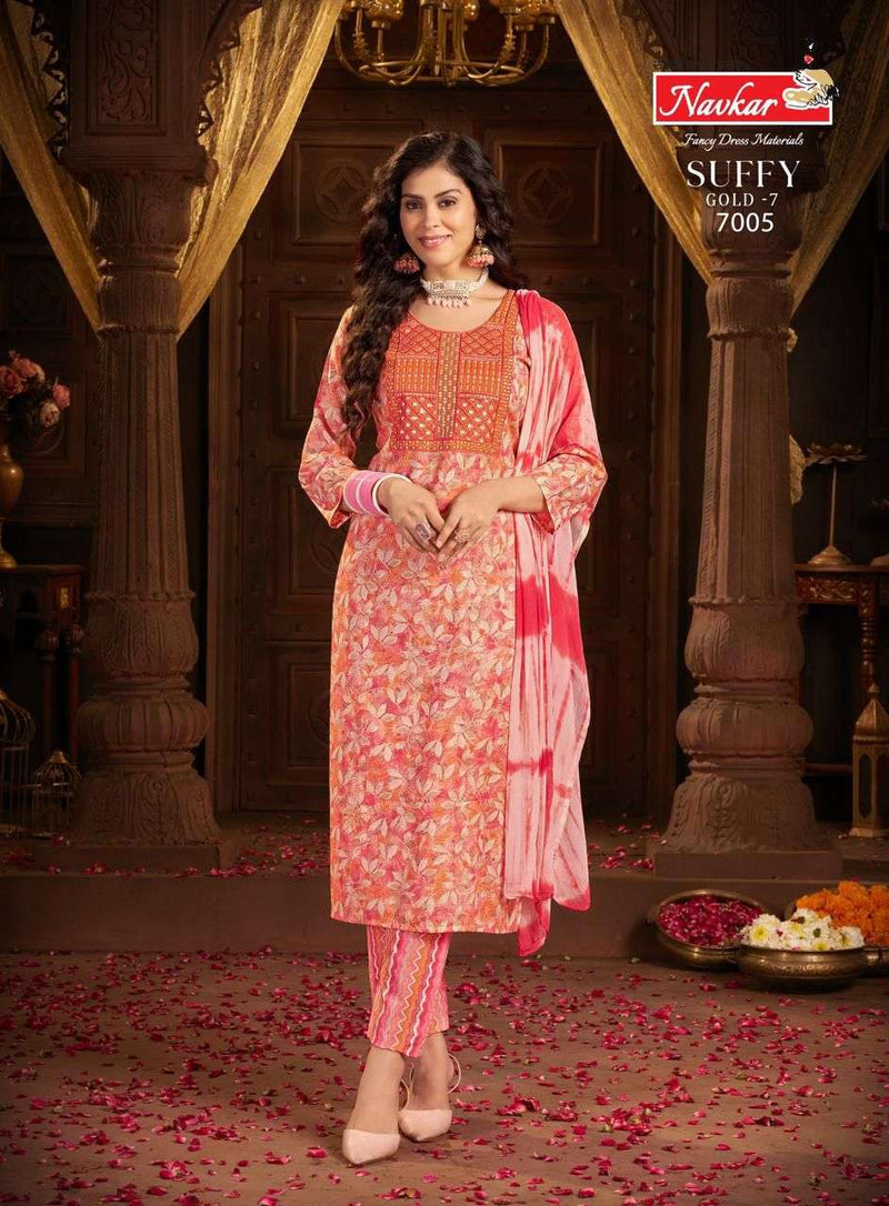 Navkar Suffy Gold Vol 7 Rayon Foil Print Embroidery Work Casual Wear Kurti Pant Dupatta Set