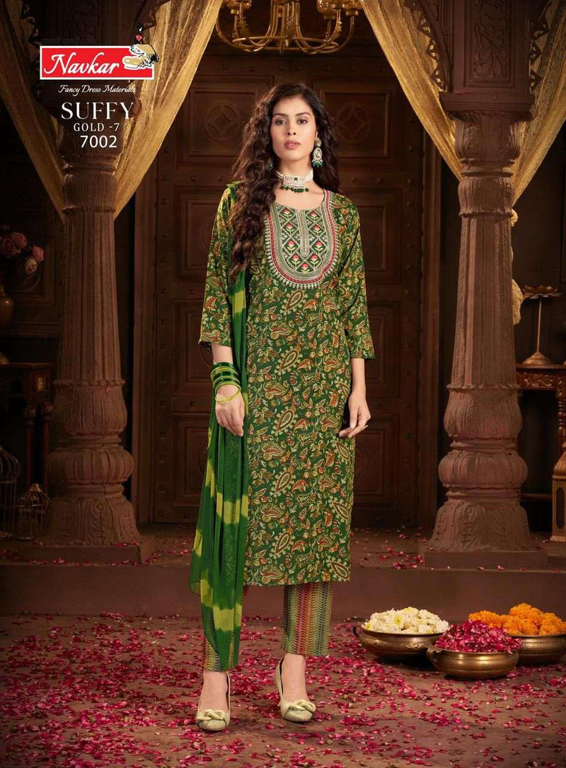 Navkar Suffy Gold Vol 7 Rayon Foil Print Embroidery Work Casual Wear Kurti Pant Dupatta Set