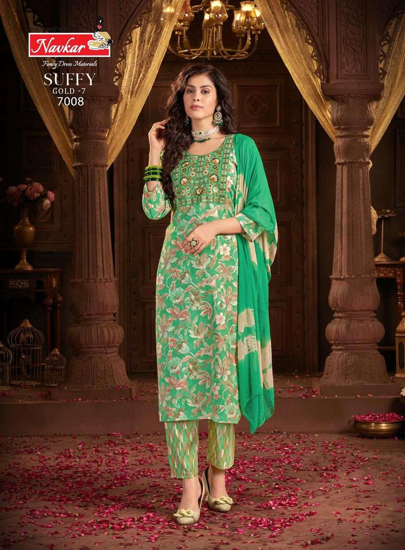 Navkar Suffy Gold Vol 7 Rayon Foil Print Embroidery Work Casual Wear Kurti Pant Dupatta Set