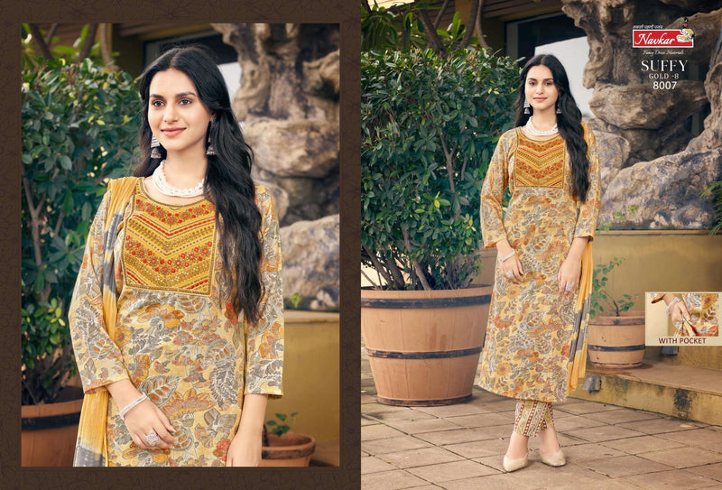 Navkar Suffy Gold Vol 8 Rayon Embroidery Work Casual Wear Kurti Pant Dupatta Set