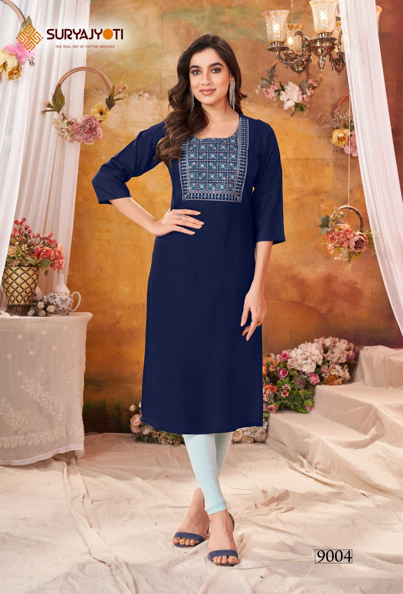 Suryajyoti Nirja Advance Vol 9 Rayon Embroidery Work Designer Kurti