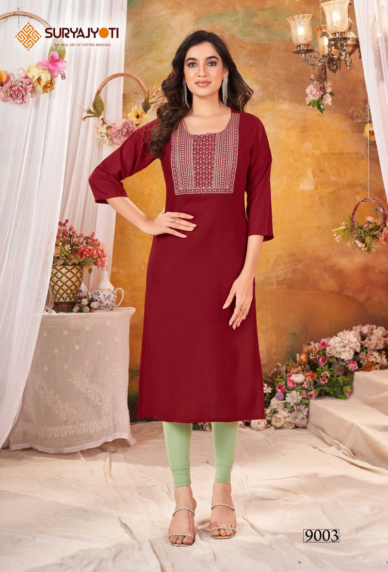 Suryajyoti Nirja Advance Vol 9 Rayon Embroidery Work Designer Kurti