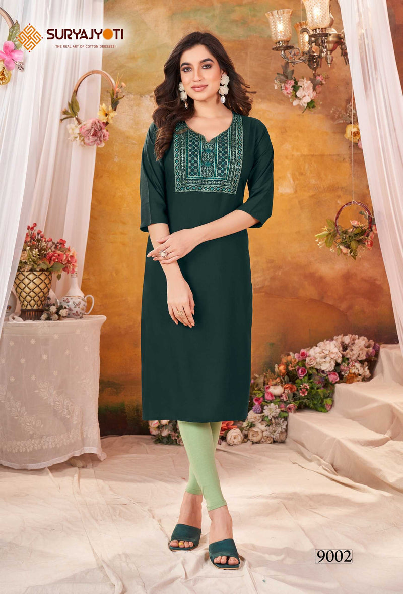 Suryajyoti Nirja Advance Vol 9 Rayon Embroidery Work Designer Kurti