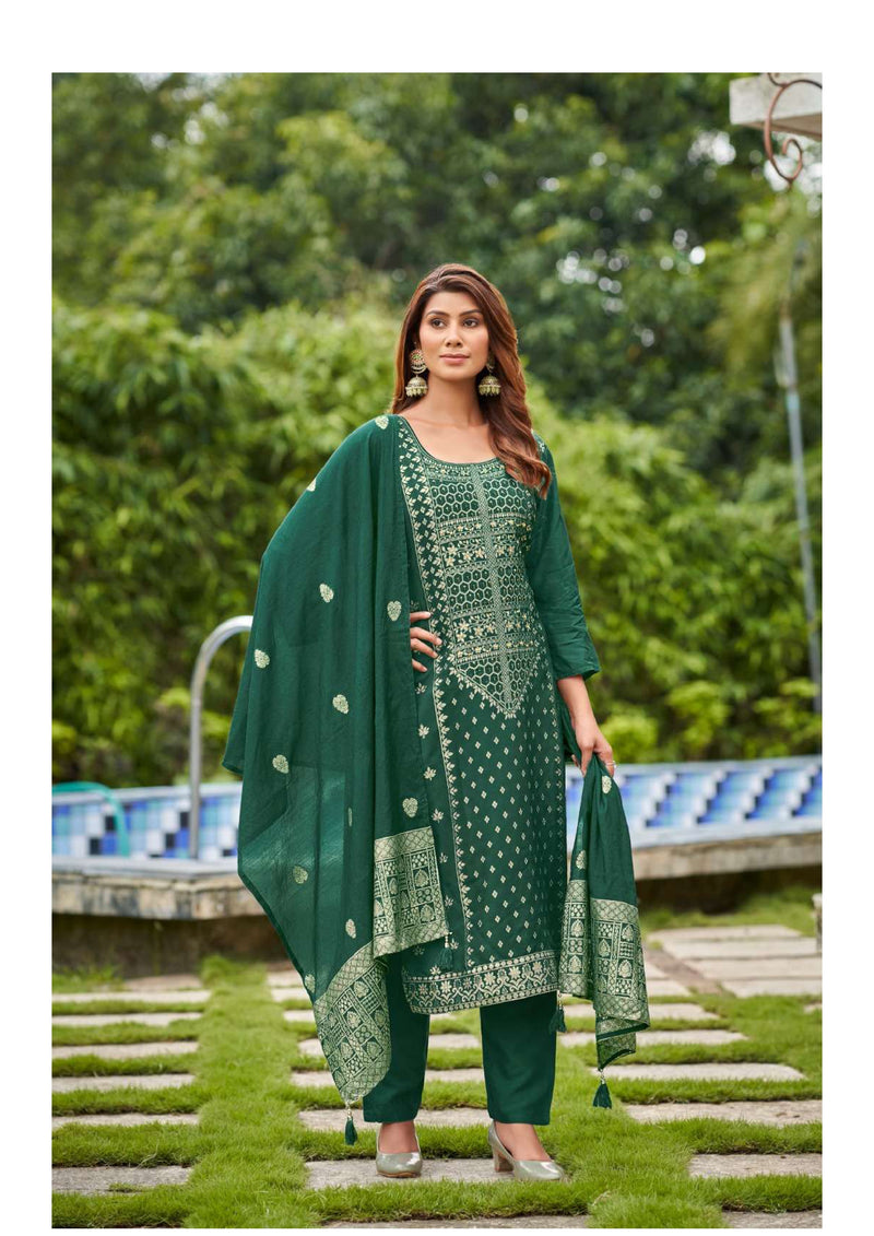 Ossm Banarasi Silk Jacquard Hand Work Festiv Wear Kurti Pant Dupatta Set