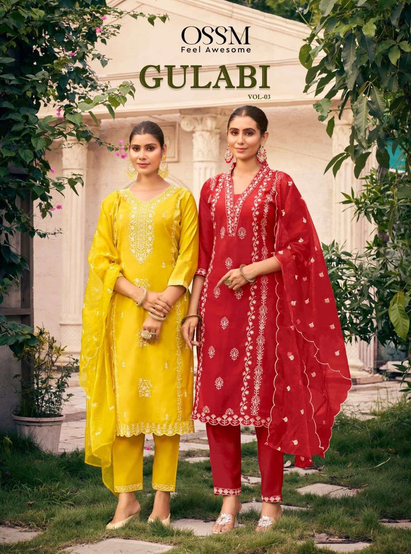 Ossm Gulabi Vol 3 Viscose Silk Heavy Embroidery And Hand Work Kurti Pant Dupatta Set