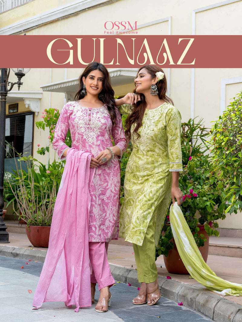 Ossm Gulnaaz Vol 2 Cotton Chikankari Embroidery Work Casual Wear Kurti Pant Dupatta Set