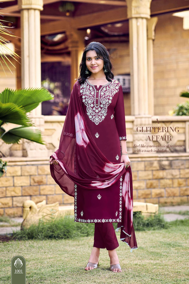 Ossm Lakhnavi Rayon Fancy Heavy Embroidery Works With Chinon Dupatta Kurti