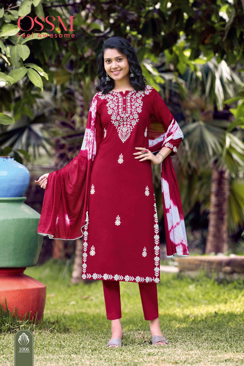 Ossm Lakhnavi Rayon Fancy Heavy Embroidery Works With Chinon Dupatta Kurti