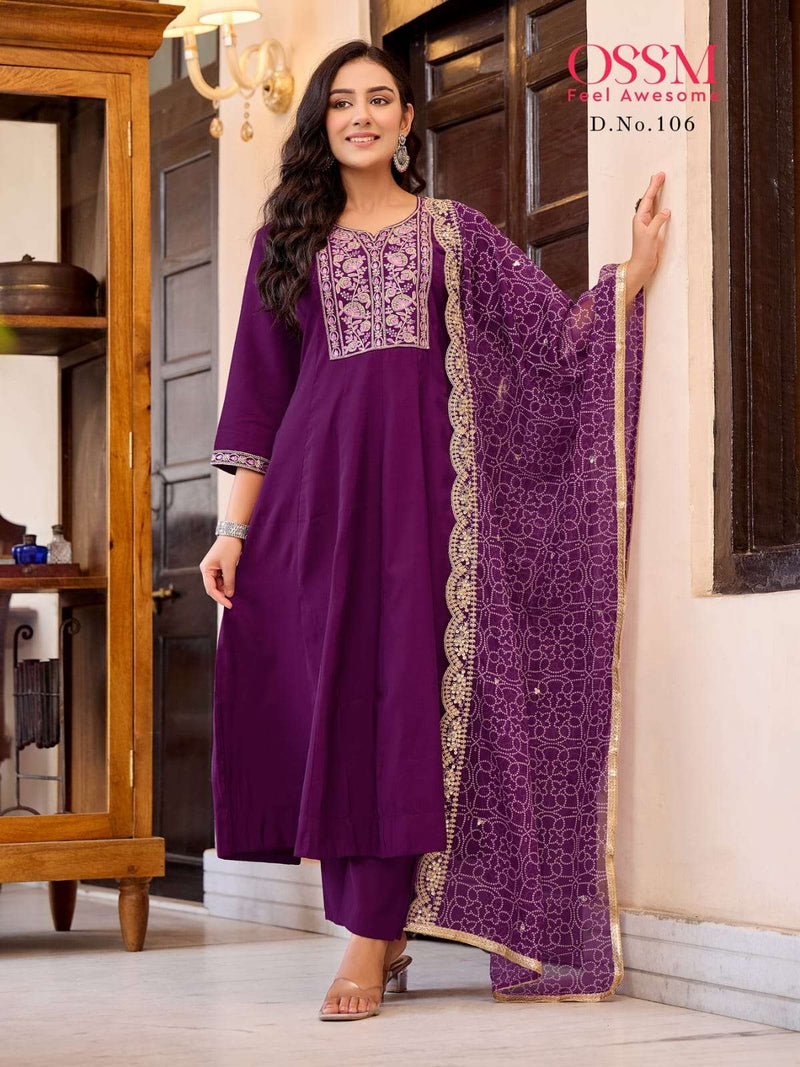 Ossm Mantra Viscose Silk Heavy Embroidery Casual Wear Kurti Pant Dupatta Set