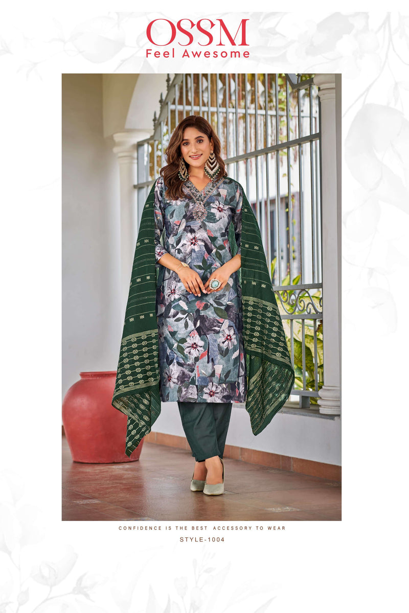 Ossm Muskan Vol 5 Modal Foil Print Embroidery Mirror Work Festiv Wear Kurti Pant Dupatta Set