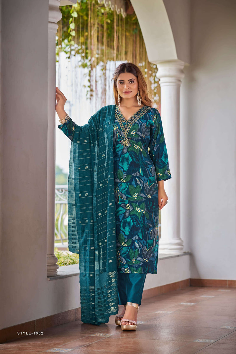 Ossm Muskan Vol 5 Modal Foil Print Embroidery Mirror Work Festiv Wear Kurti Pant Dupatta Set