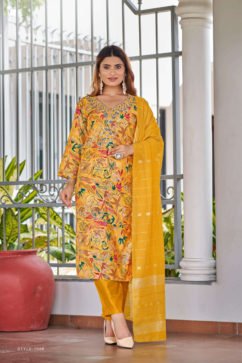 Ossm Muskan Vol 5 Modal Foil Print Embroidery Mirror Work Festiv Wear Kurti Pant Dupatta Set