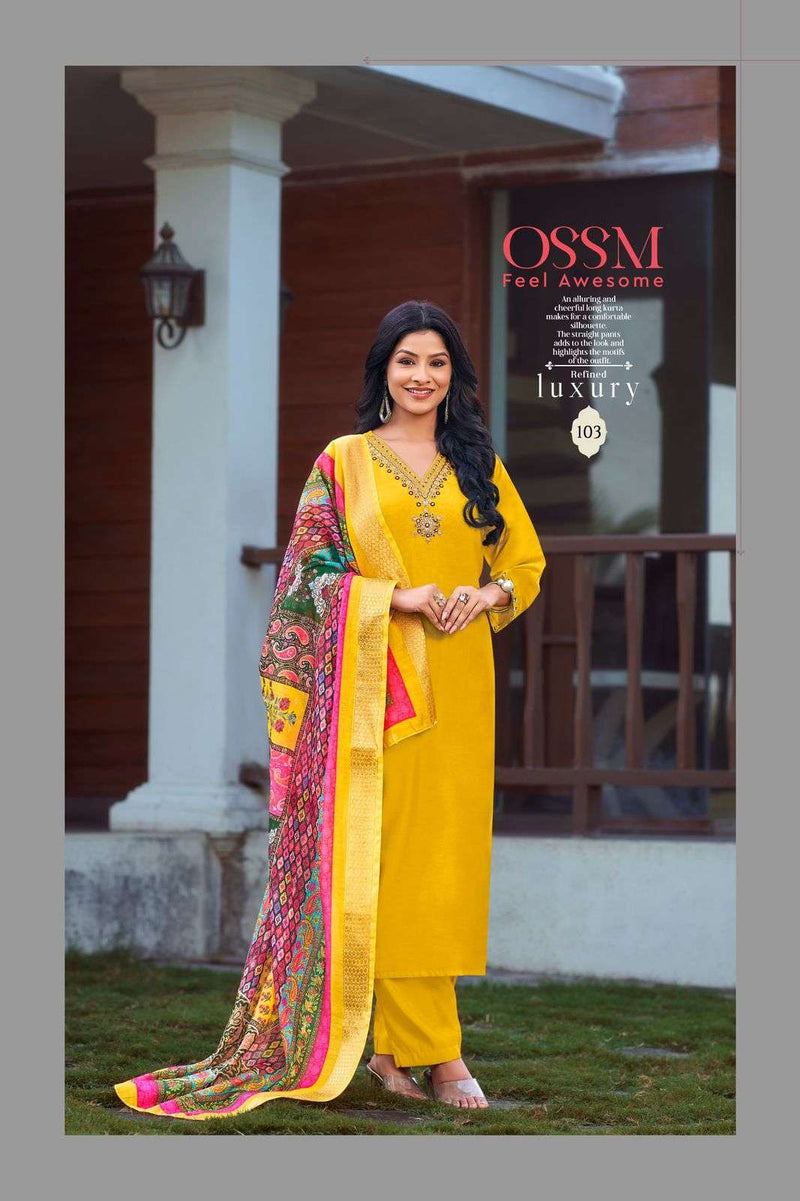 Ossm Noorie Vol 3 Pure Viscos Roman Silk Heavy Embroidery Work Designer Kurti Dupatta Set