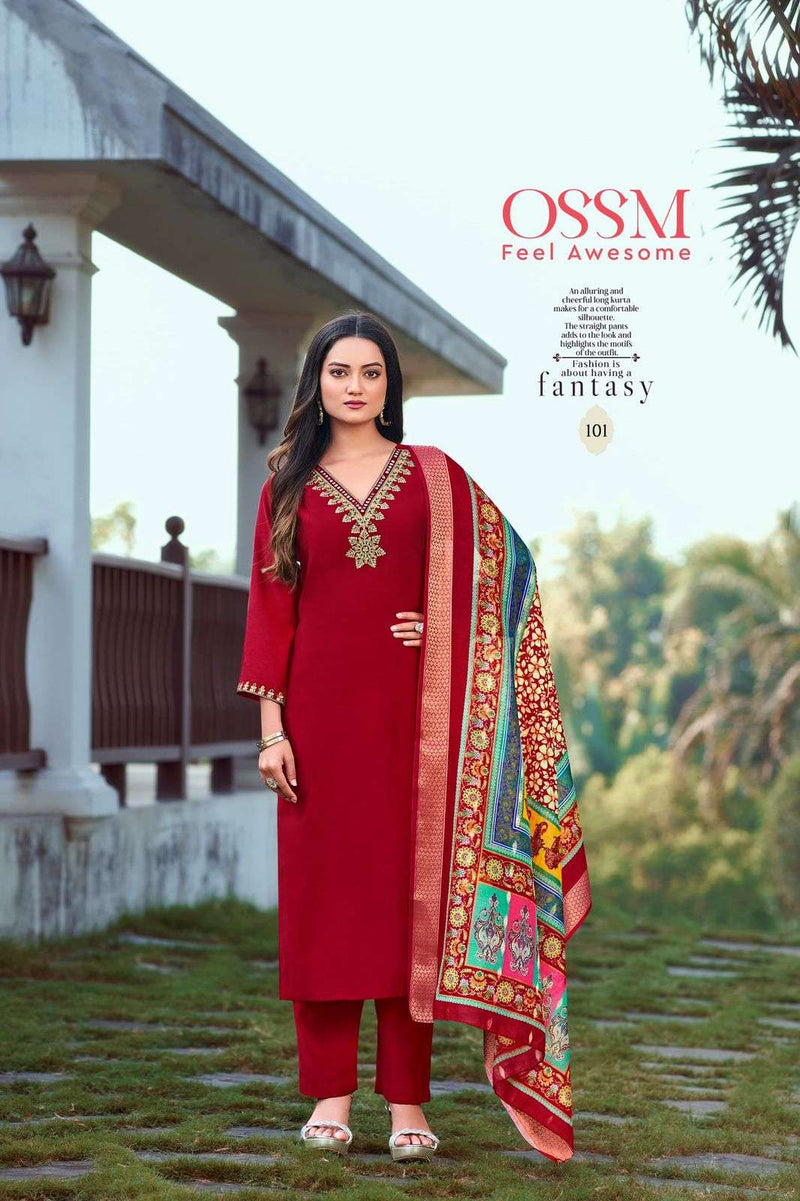 Ossm Noorie Vol 3 Pure Viscos Roman Silk Heavy Embroidery Work Designer Kurti Dupatta Set