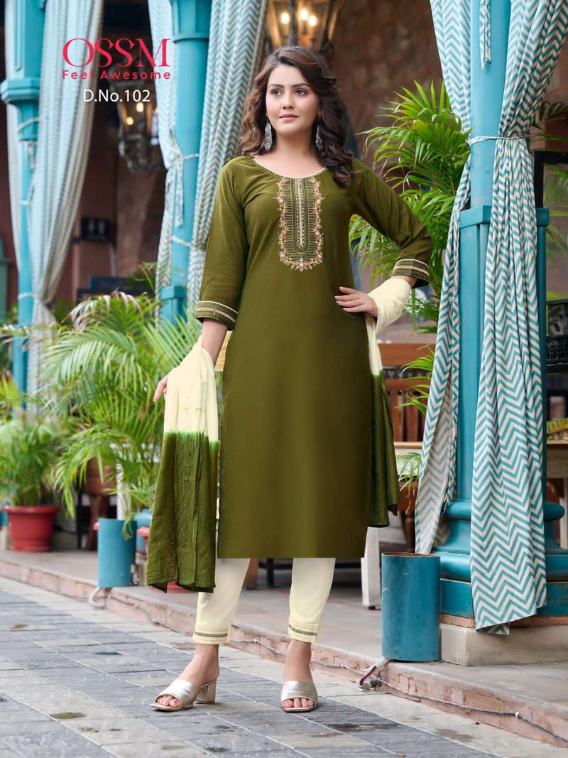 Ossm Present Gungun Fancy 3 Pcs Set Collection Amazing Work Kurti With Pant And Dupatta