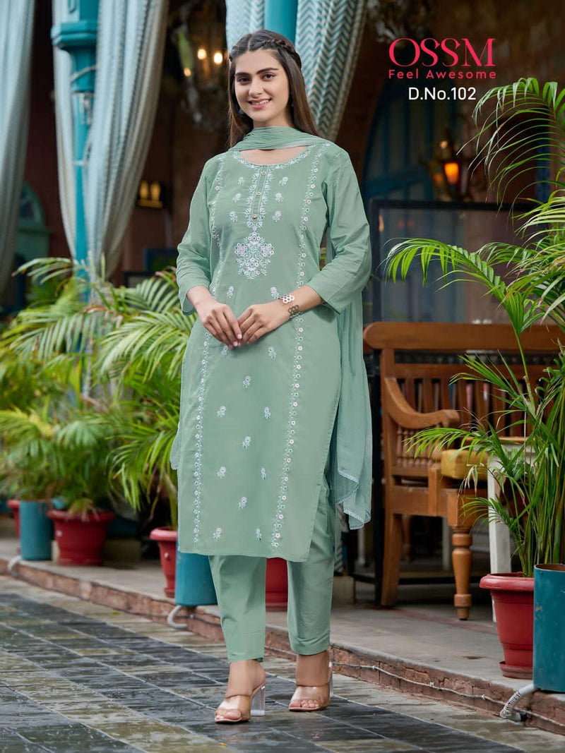 Ossm Olivia Premium Mal Cotton Fancy Work Kurti With Pant Dupatta Set