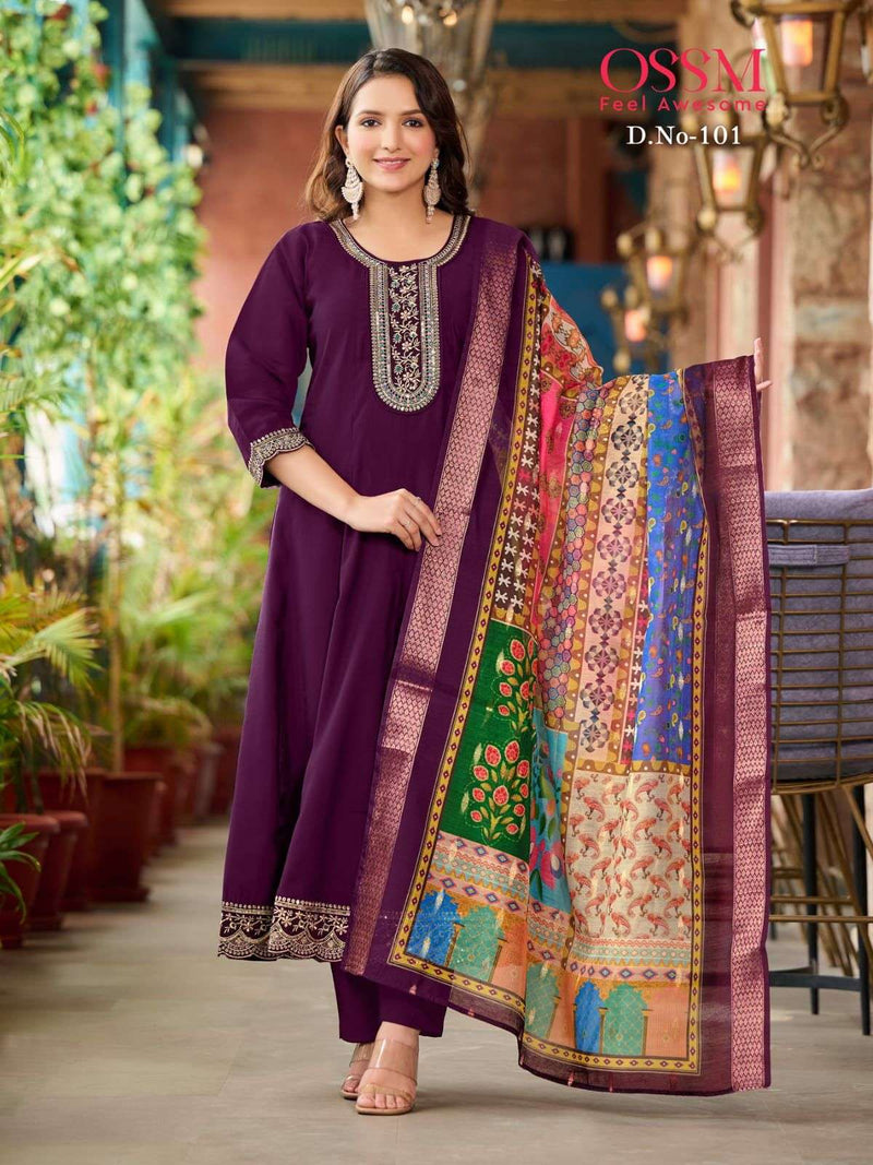 Ossm Resham Viscose Silk Heavy Embroidery Flair Kurti Pant Dupatta Set