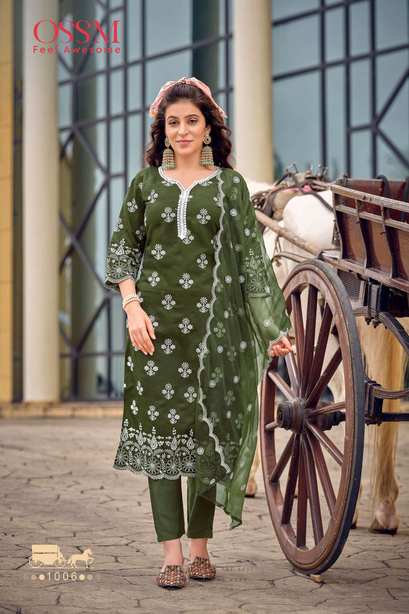 Ossm Sarah Viscose Silk Heavy Embroidery Casual Wear Kurti Pant Dupatta Set