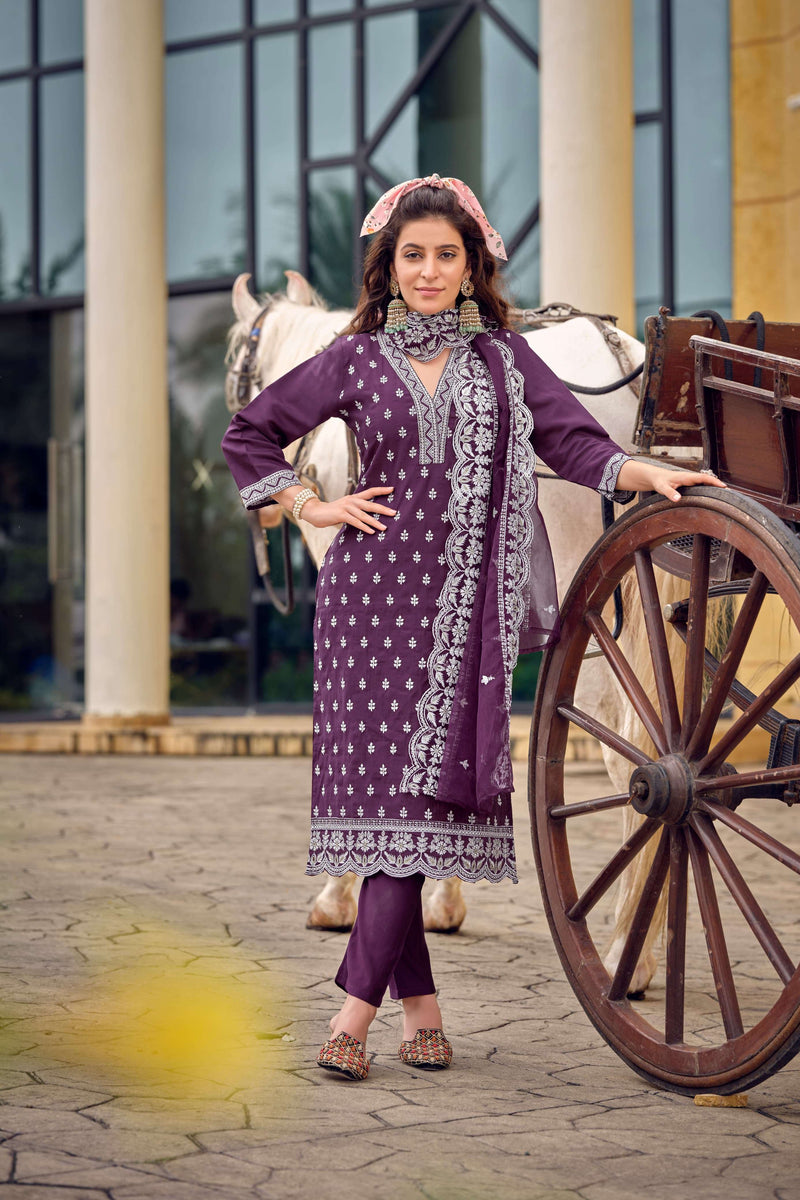 Ossm Sarah Viscose Silk Heavy Embroidery Casual Wear Kurti Pant Dupatta Set