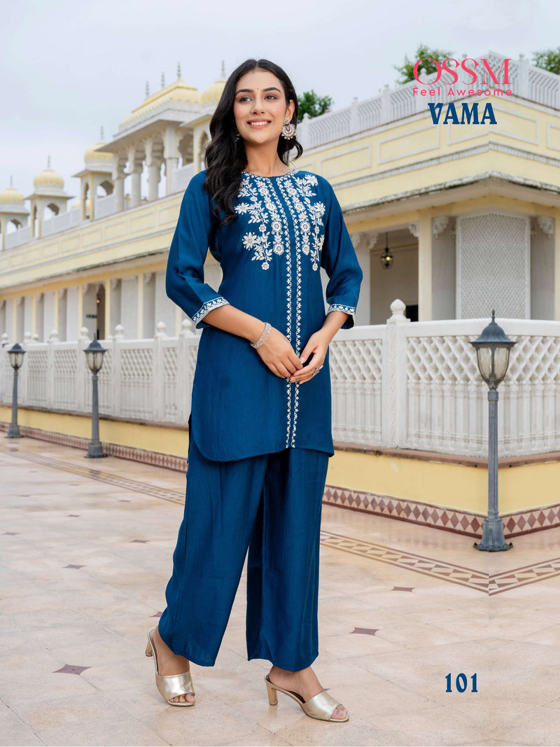 Ossm Vama Viscose Silk Heavy Embroidery Fancy Casual Wear Short Kurti Pant Set