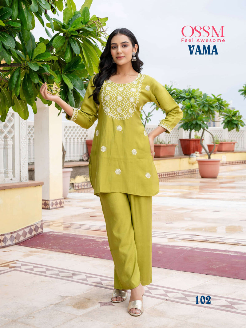 Ossm Vama Viscose Silk Heavy Embroidery Fancy Casual Wear Short Kurti Pant Set