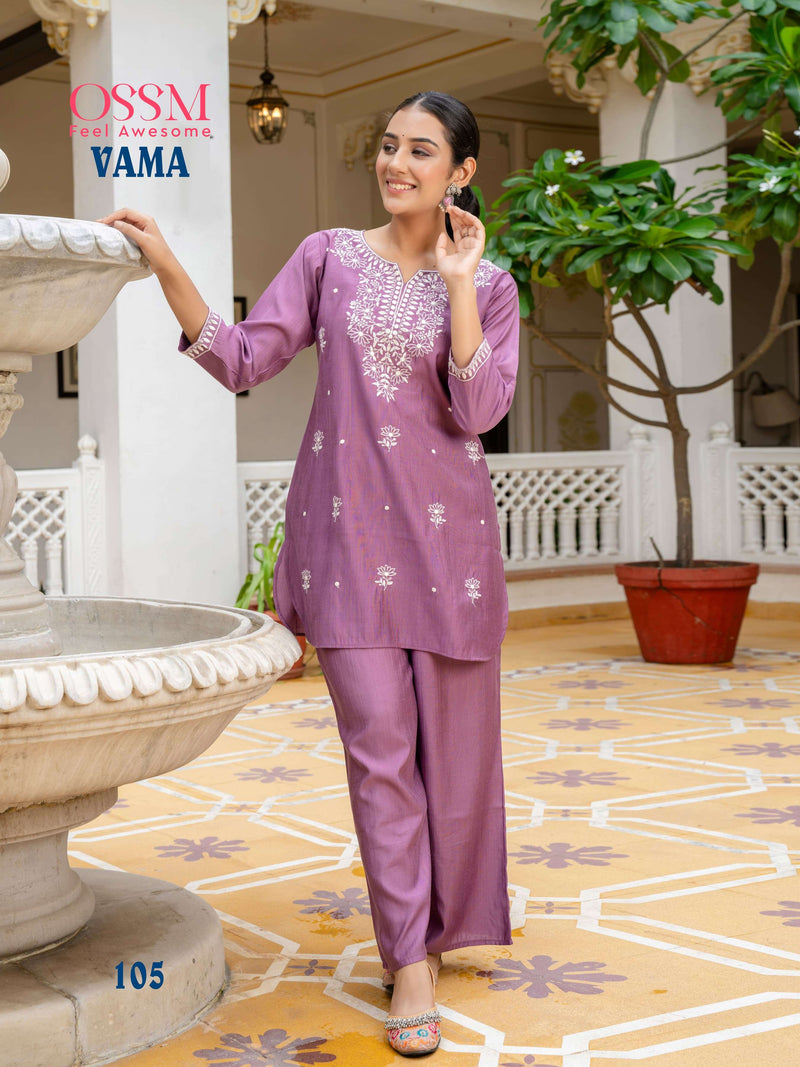 Ossm Vama Viscose Silk Heavy Embroidery Fancy Casual Wear Short Kurti Pant Set