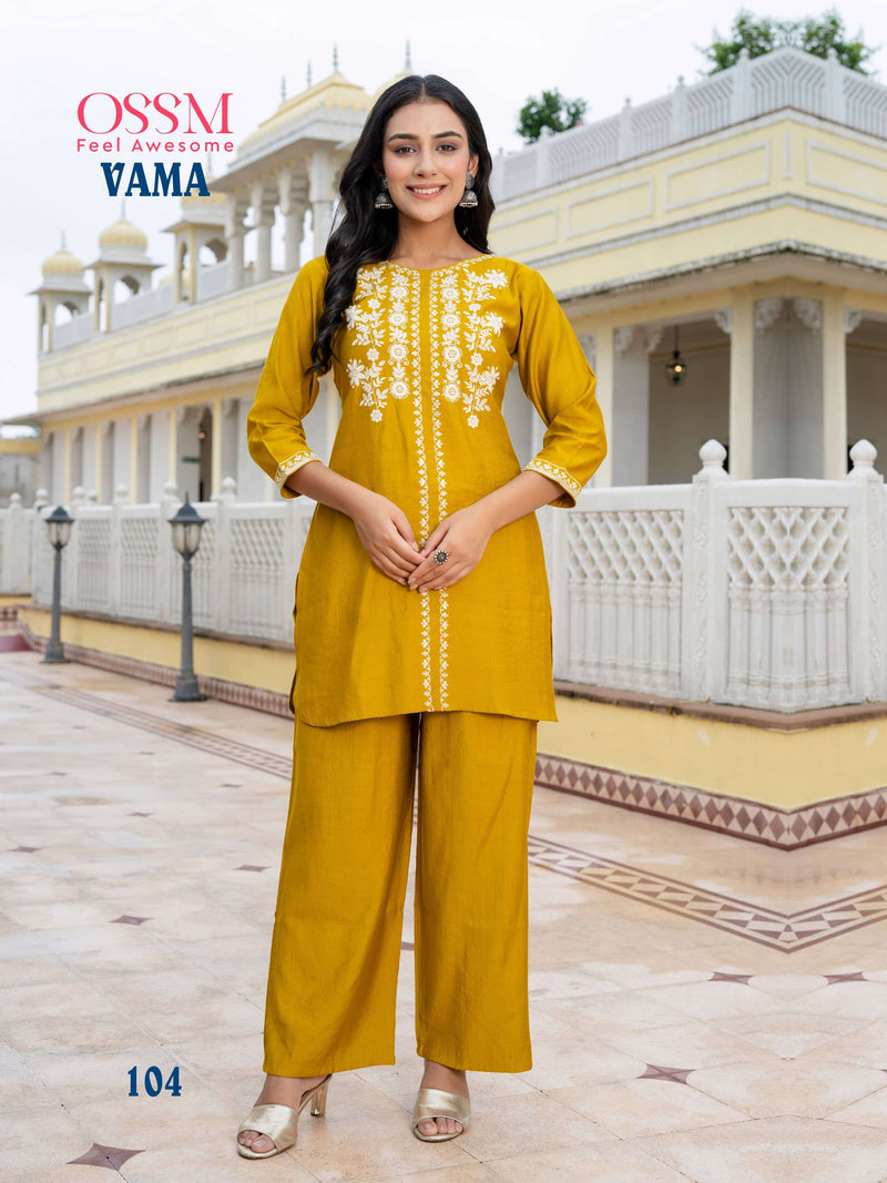 Ossm Vama Viscose Silk Heavy Embroidery Fancy Casual Wear Short Kurti Pant Set