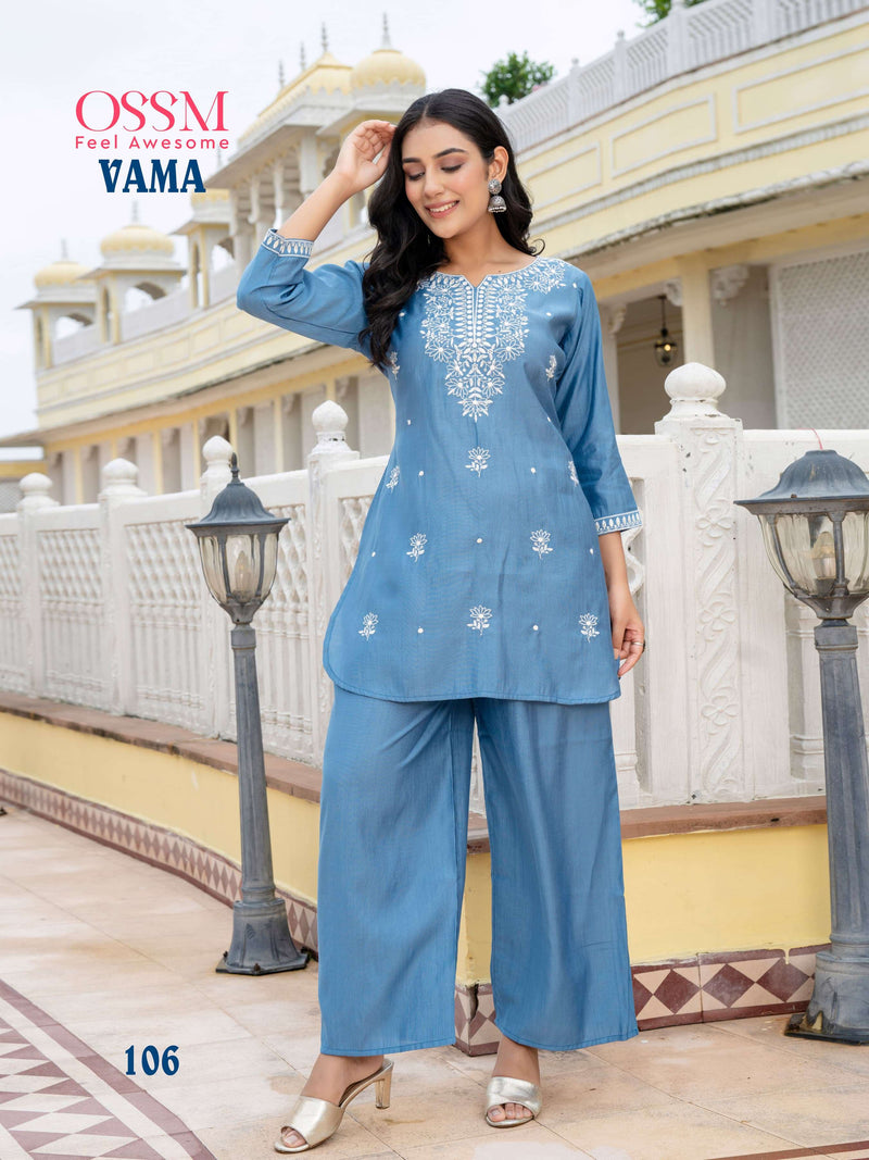 Ossm Vama Viscose Silk Heavy Embroidery Fancy Casual Wear Short Kurti Pant Set