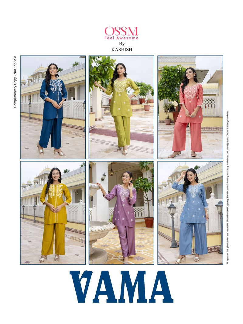 Ossm Vama Viscose Silk Heavy Embroidery Fancy Casual Wear Short Kurti Pant Set