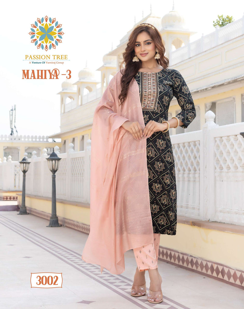 Passion Tree Mahiya Vol 3 Rayon Fancy Embroidery Work Casual Wear Straight Kurti Pant Dupatta Set