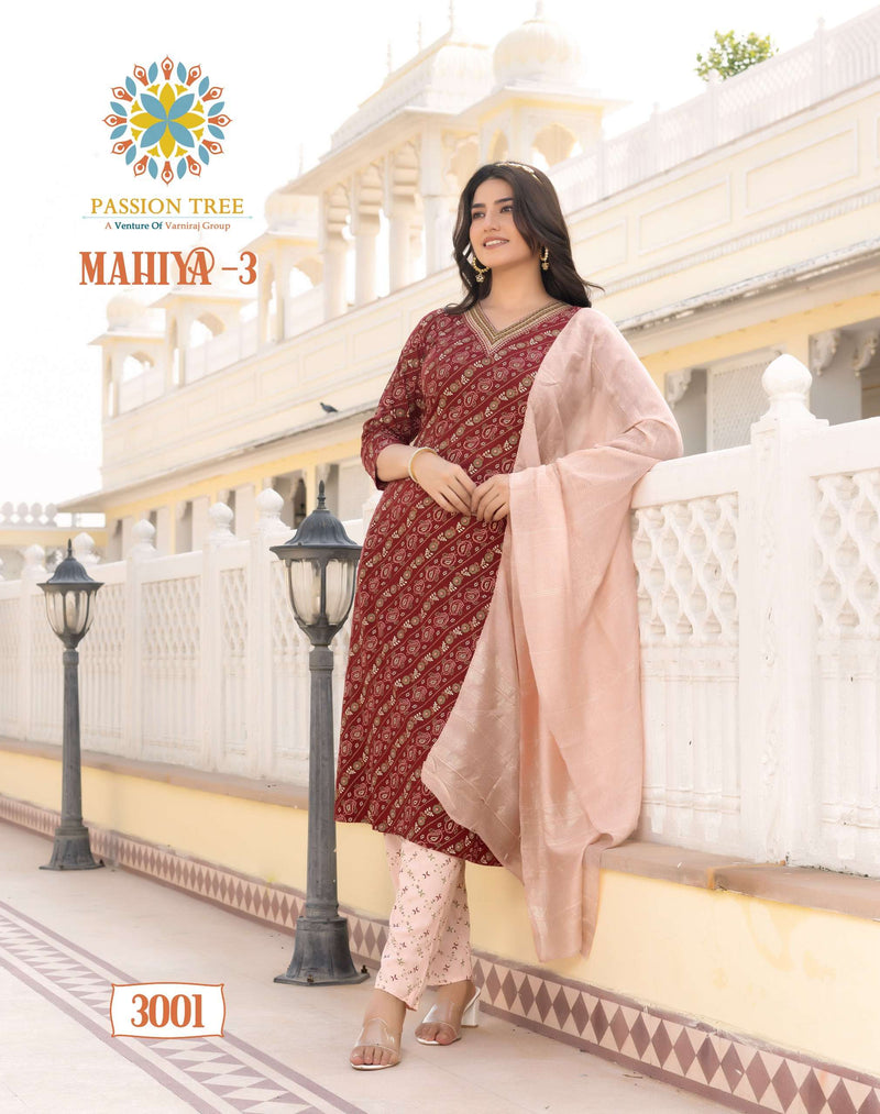 Passion Tree Mahiya Vol 3 Rayon Fancy Embroidery Work Casual Wear Straight Kurti Pant Dupatta Set