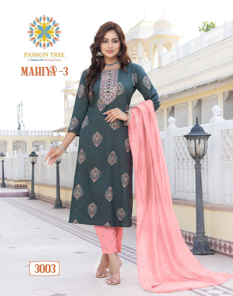 Passion Tree Mahiya Vol 3 Rayon Fancy Embroidery Work Casual Wear Straight Kurti Pant Dupatta Set