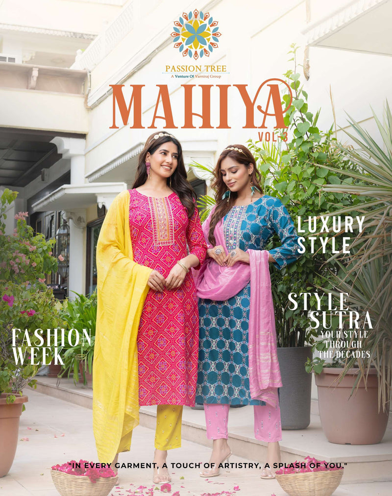 Passion Tree Mahiya Vol 3 Rayon Fancy Embroidery Work Casual Wear Straight Kurti Pant Dupatta Set