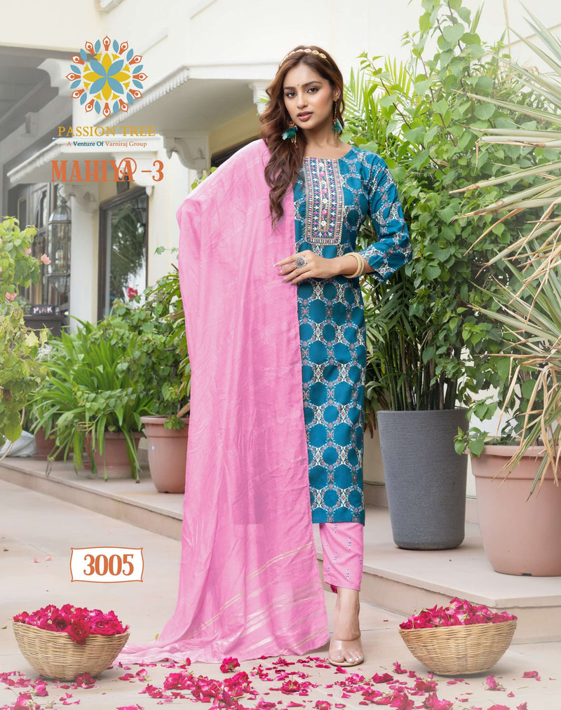 Passion Tree Mahiya Vol 3 Rayon Fancy Embroidery Work Casual Wear Straight Kurti Pant Dupatta Set