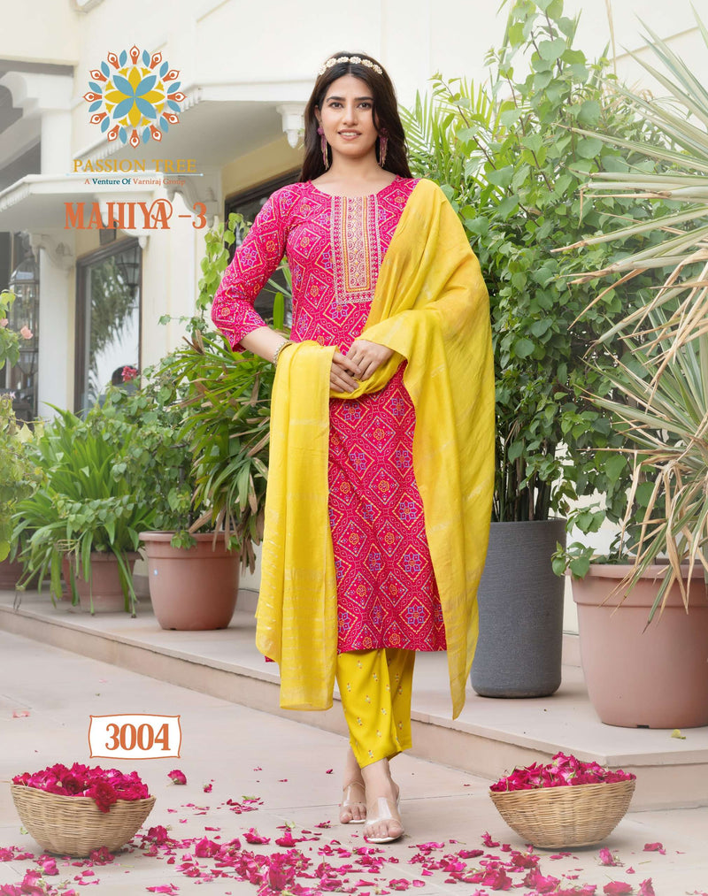 Passion Tree Mahiya Vol 3 Rayon Fancy Embroidery Work Casual Wear Straight Kurti Pant Dupatta Set