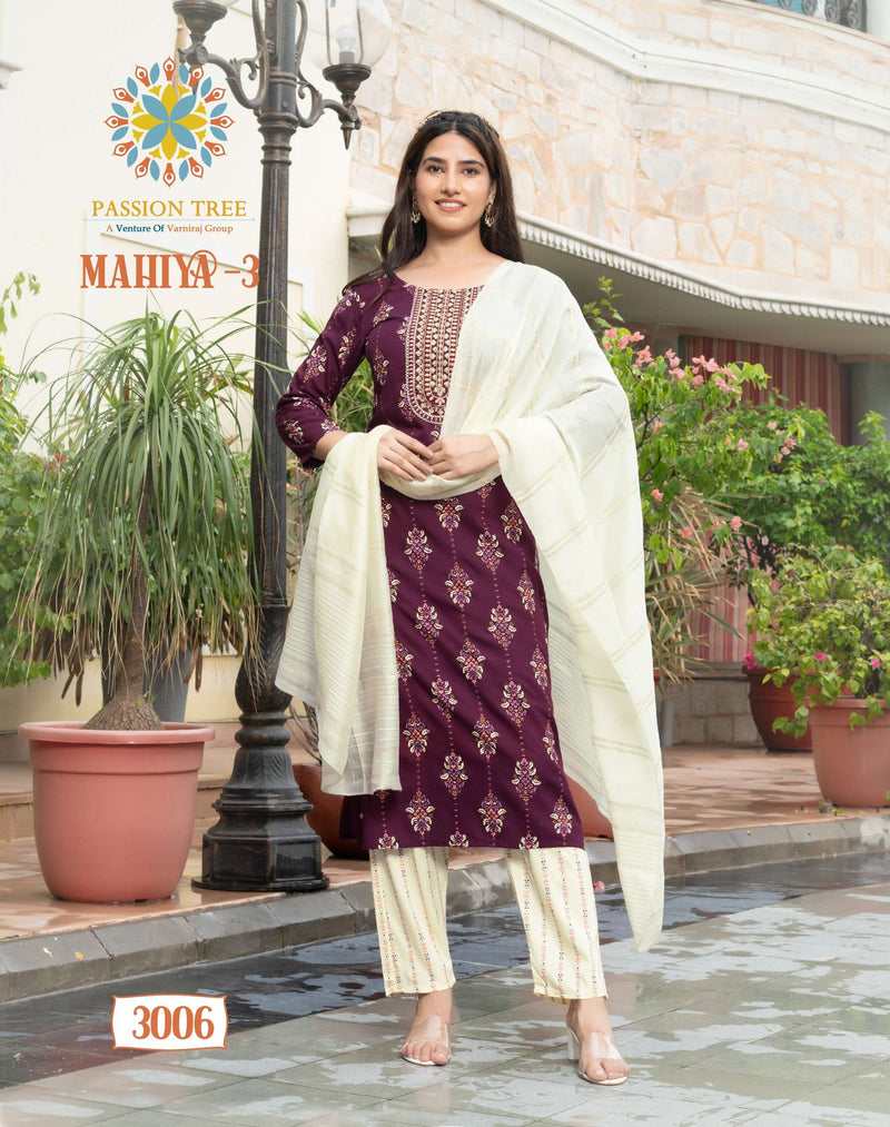 Passion Tree Mahiya Vol 3 Rayon Fancy Embroidery Work Casual Wear Straight Kurti Pant Dupatta Set