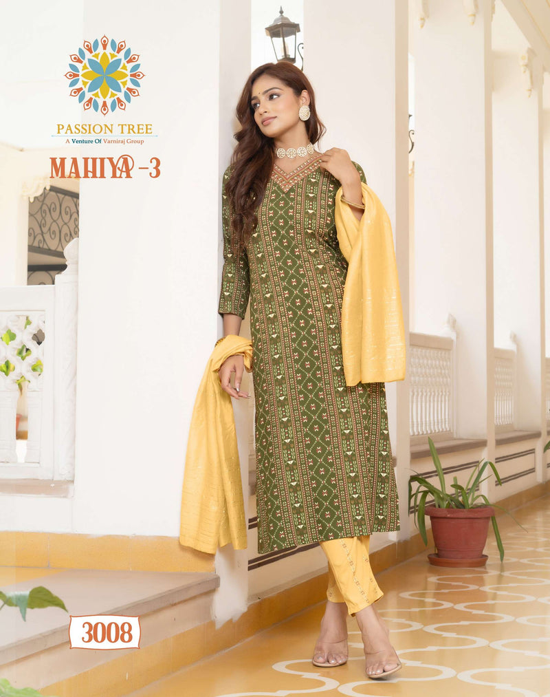 Passion Tree Mahiya Vol 3 Rayon Fancy Embroidery Work Casual Wear Straight Kurti Pant Dupatta Set