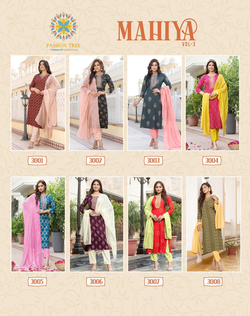 Passion Tree Mahiya Vol 3 Rayon Fancy Embroidery Work Casual Wear Straight Kurti Pant Dupatta Set