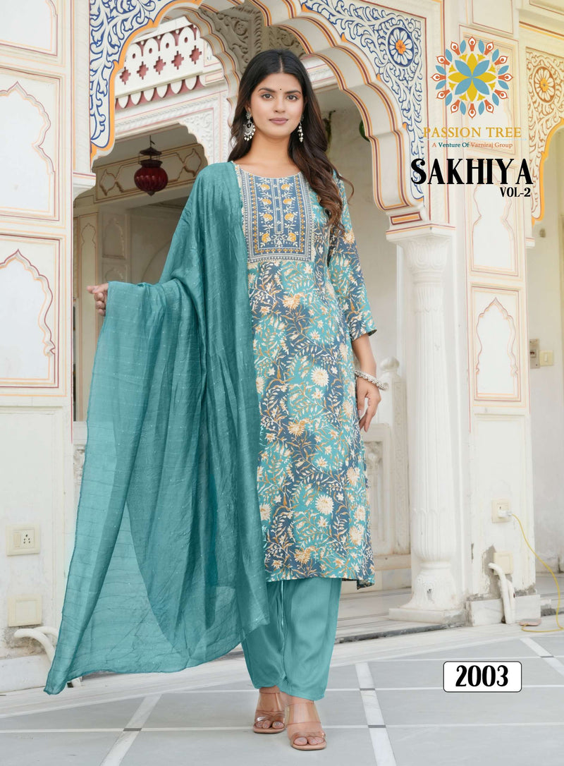 Passion Tree Sakhiya Vol 2 Rayon Fancy Embroidery Work Kurti Pant Dupatta Set