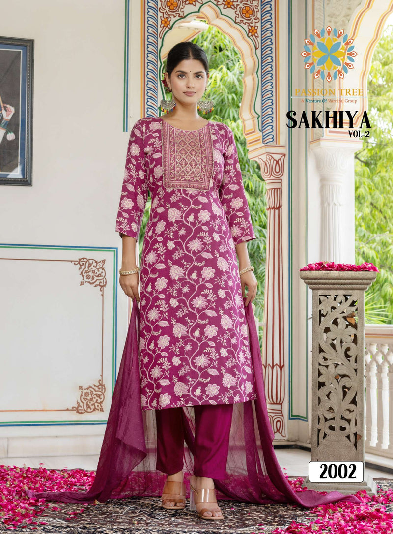 Passion Tree Sakhiya Vol 2 Rayon Fancy Embroidery Work Kurti Pant Dupatta Set