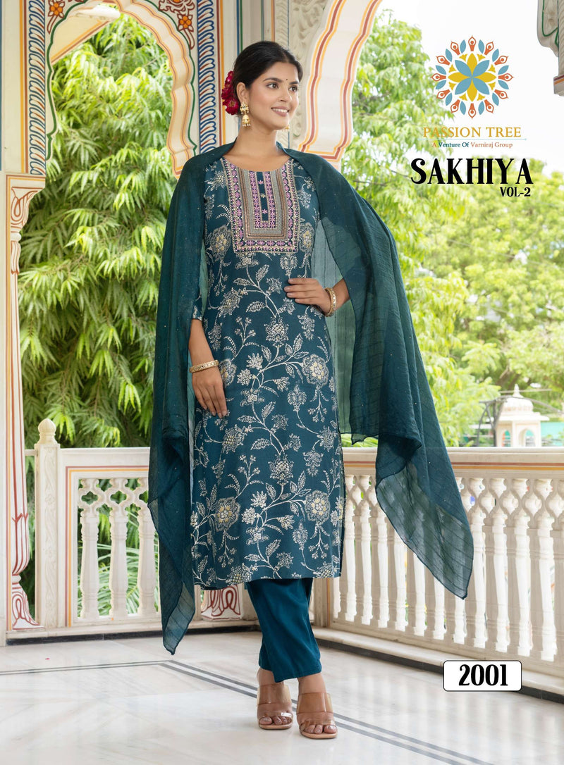 Passion Tree Sakhiya Vol 2 Rayon Fancy Embroidery Work Kurti Pant Dupatta Set