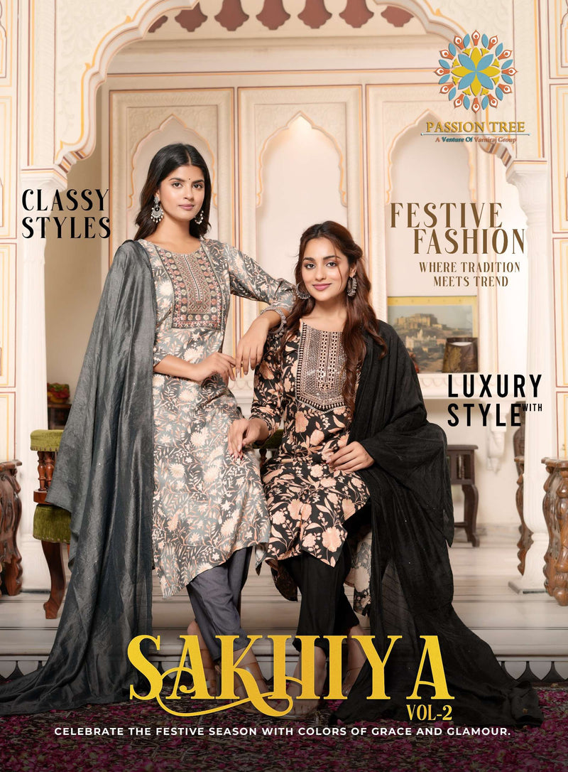 Passion Tree Sakhiya Vol 2 Rayon Fancy Embroidery Work Kurti Pant Dupatta Set