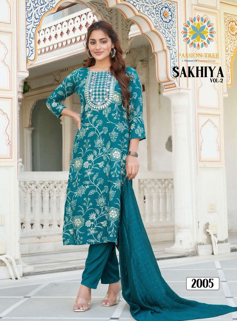 Passion Tree Sakhiya Vol 2 Rayon Fancy Embroidery Work Kurti Pant Dupatta Set