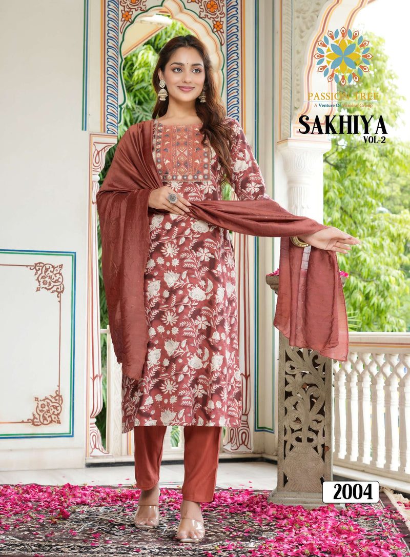 Passion Tree Sakhiya Vol 2 Rayon Fancy Embroidery Work Kurti Pant Dupatta Set